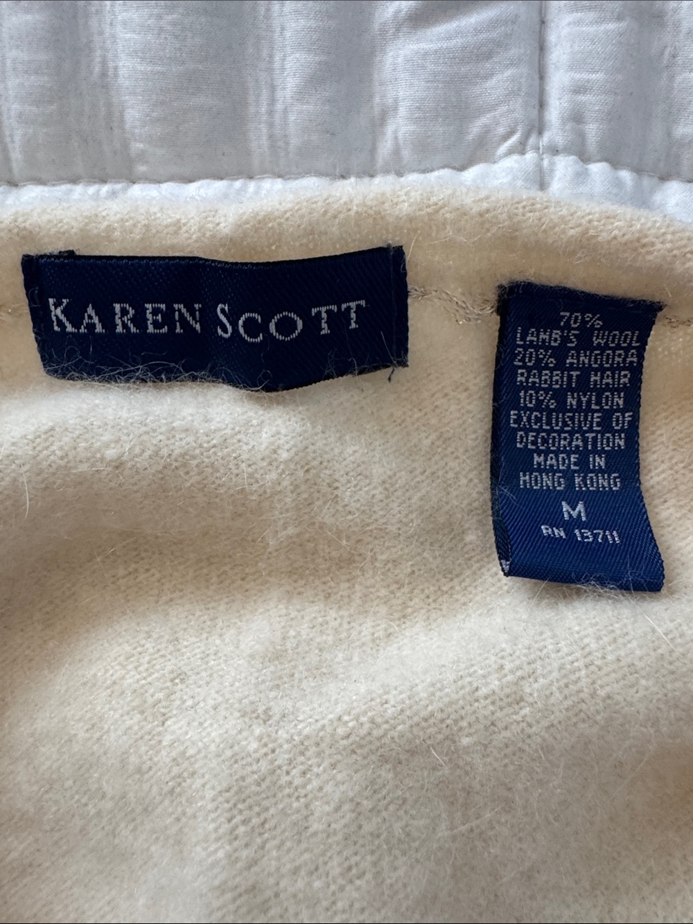 Karen Scott Lamb’s Wool & Angora cardigan sweater floral appliqué